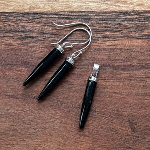 Dainty Black Onyx Spikes Sterling Silver Jewelry Set Earrings & Pendant